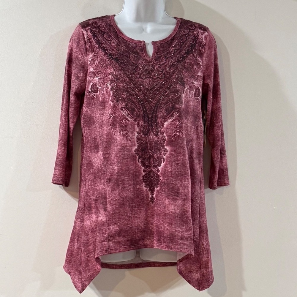 Burgundy Paisley Lace Back Rhinestone Embellished Tunic Top NWT Boho Hippie S